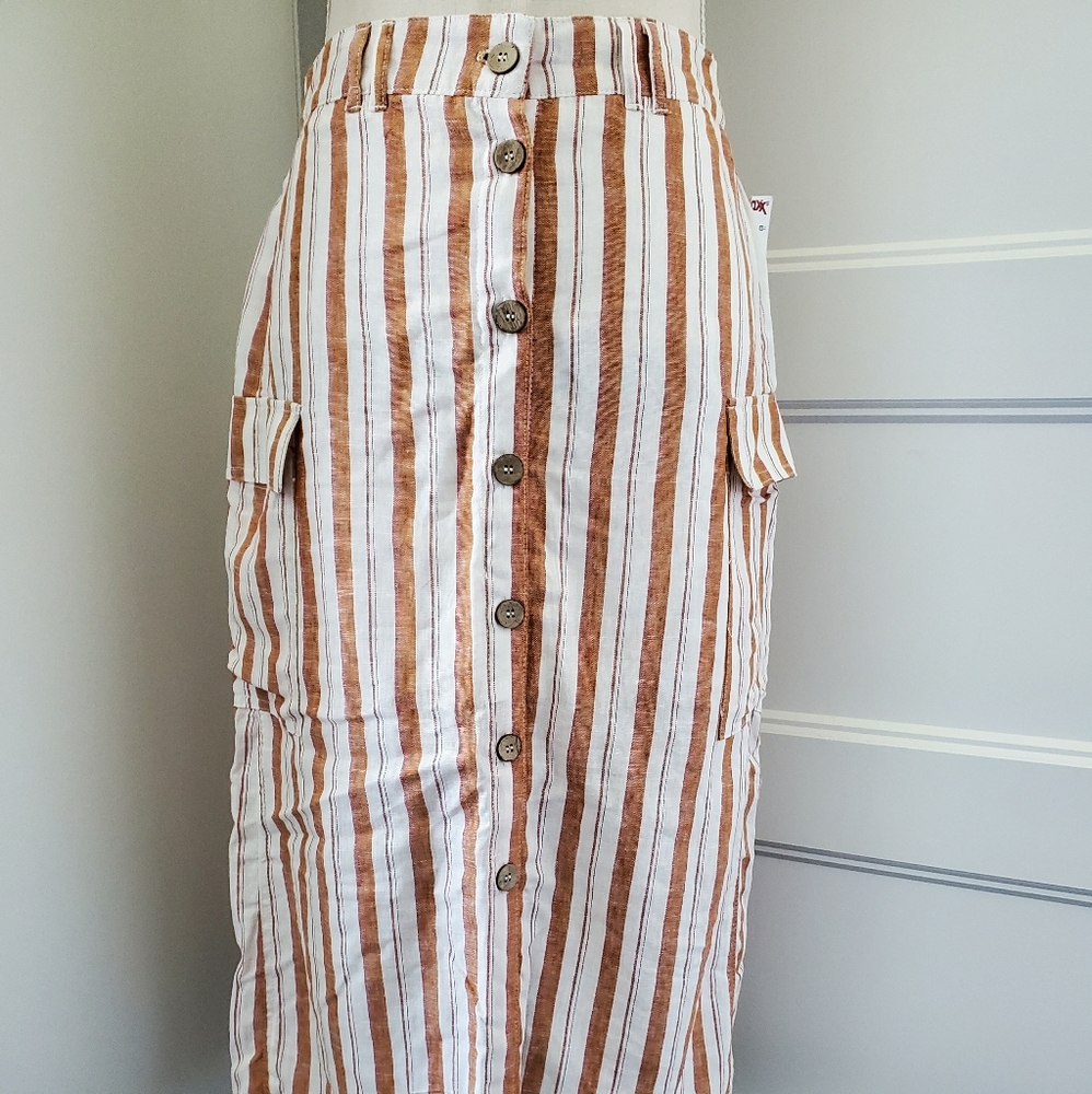 Button Front Midi Skirt Stripes LINEN/COTTON Lined